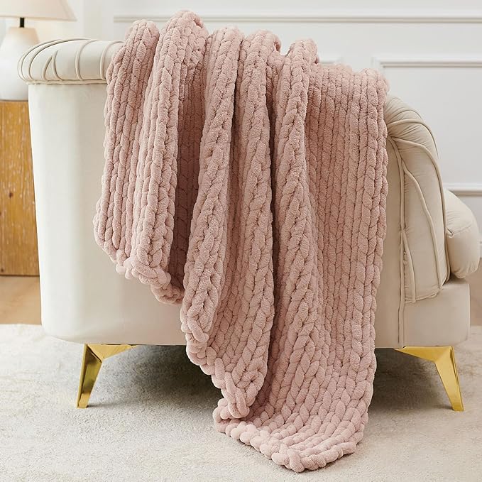 Esterra Chunky Knit Throw Blanket Newly Upgraded Heavy Tighter Version, Handmade Chenille Throw Super Soft, Thick Yarn Cable Knit Crochet Throw Blanket for Couch Bed Sofa, 50" x60, Coral Pink-Ruum Studio Home
