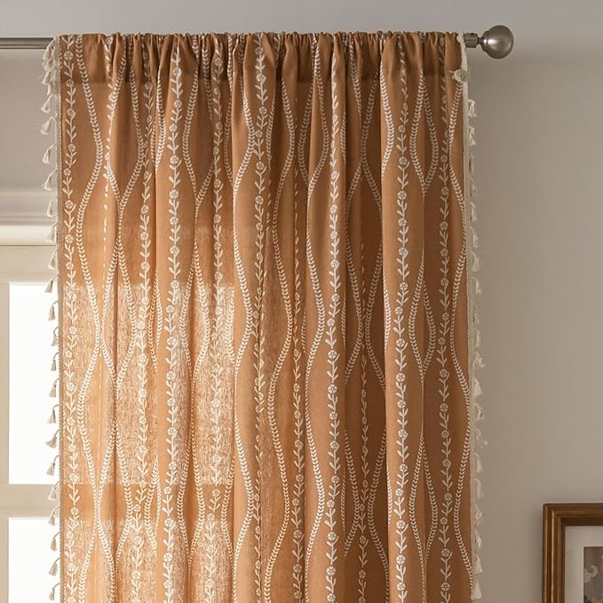 Sutuo Home Boho Curtains 84 Inches Length for Bedroom Living Room, Printed Cotton Linen Rod Pocket Rustic Farmhouse Bohemian Tassels Window Treatment, 1 Panel 59" W x 84" L, Terracotta Stripe Florals-Ruum Studio Home