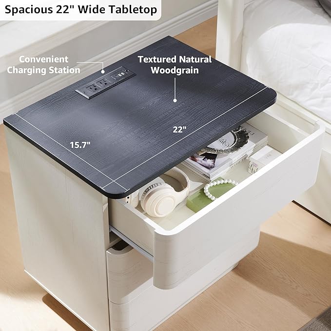 JXQTLINGMU 22" Modern Nightstand with Charging Station, Large Push-to-Open End Table, Wood Bedside Table w/Curved Profile Design, Handleless 3 Drawer Night Stand for Bedroom, Living Room, Off White-Ruum Studio Home