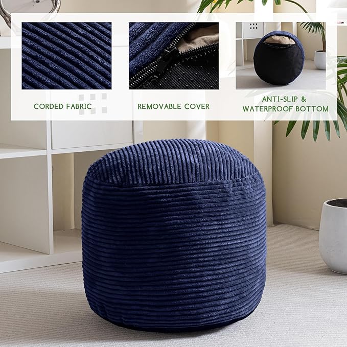 HIGOGOGO Round Stuffed Pouf Ottoman, Corduroy Poufs with Foam Chunk Filling, Furry and Fluffy Pouf Foot Stool Storage Ottoman, 20 X 15 Floor Poufs Foot Rest for Living Room, Navy-Ruum Studio Home