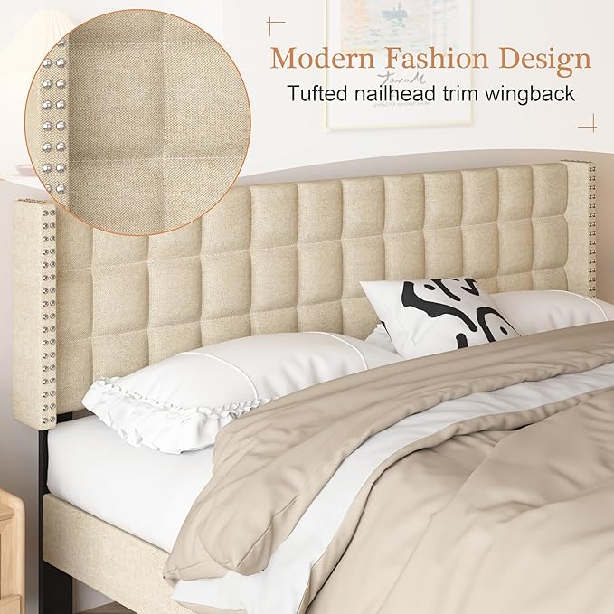 VECELO Headboard King Size, Linen Upholstered Headboards Only with Nailhead Trim Wingback, Square Stitched Design, Adjustable Height from 40" to 49.8", Oatmeal-Ruum Studio Home