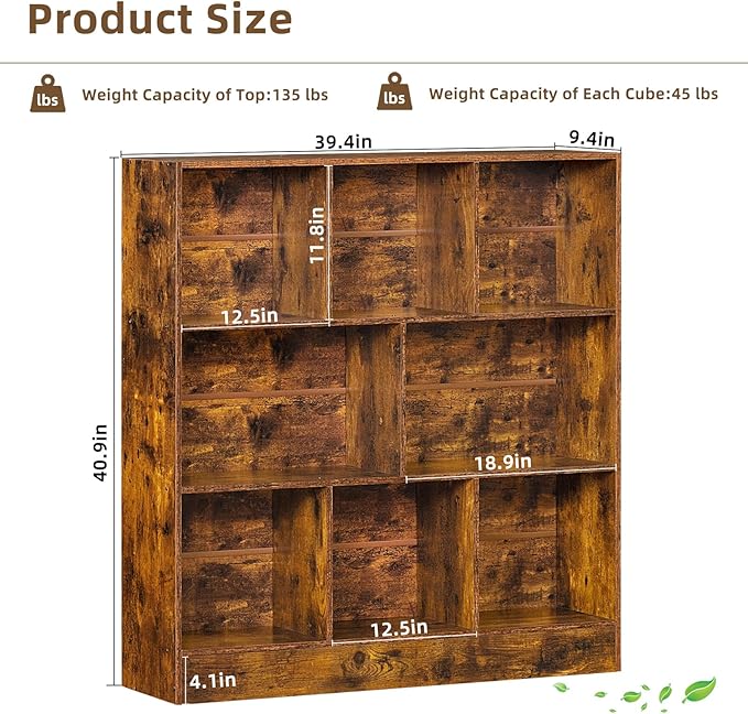 LEYAOYAO 8 Cube Bookshelf with Base,3 Tier Mid-Century Modern Brown Bookcase,Standing Wide Bookshelves Storage Organizer Shelf,Rustic Wood Display Cabinet Book Shelves for Bedroom,Living Room,Office-Ruum Studio Home