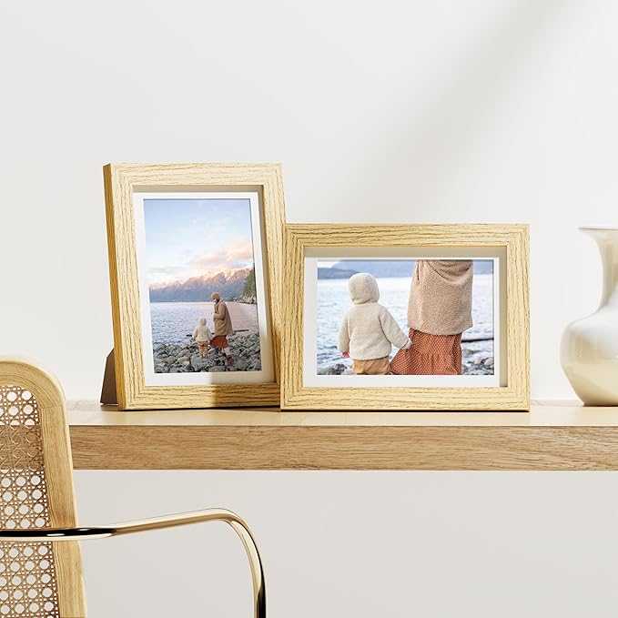 Vittanly 5x7 Picture Frames Set of 9, Shatter Resistant Plexiglass, Display 4x6 Pictures with Mat or 5x7 without Mat, Photo Frames for Wall or Tabletop, Engineered Wood, OAK-Ruum Studio Home