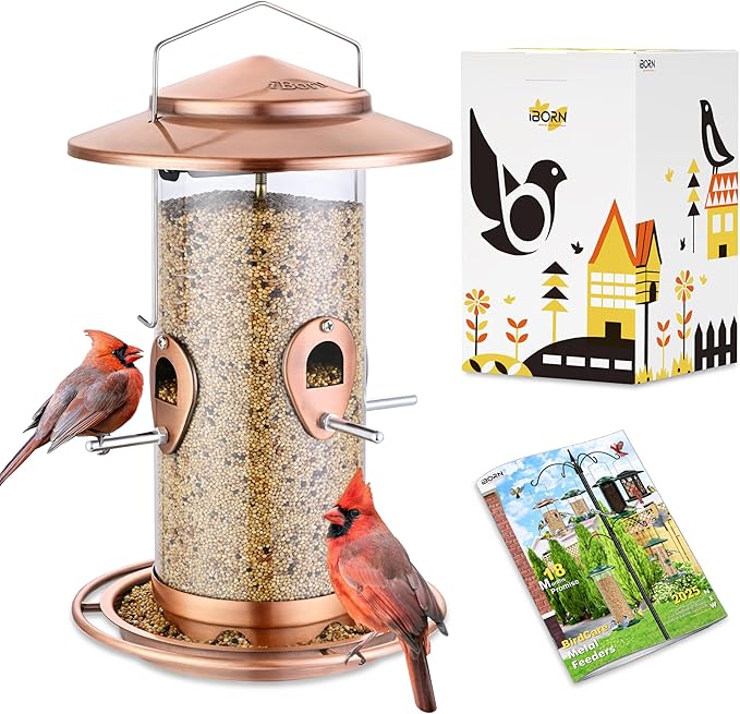 iBorn Metal Bird Feeder for Outside Hanging,Wild Bird Feeders for Cardinal,18cm Large Roof&Tray Brushed Copper 10 Port(Seed is not Included)-Ruum Studio Home