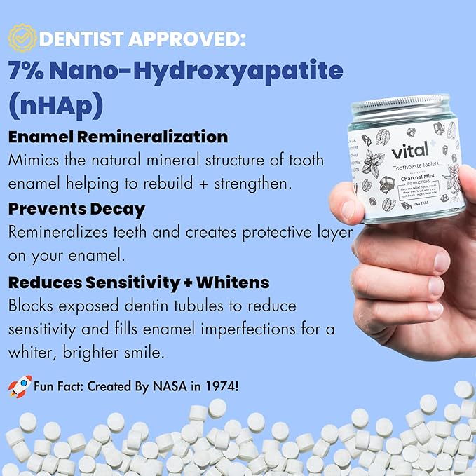 Vital Toothpaste Tabs with Nano-Hydroxyapatite | Naturally Whitens + Remineralizes Teeth | Fluoride & Plastic Free | Combats Sensitivity | Travel & Eco Friendly | Charcoal Mint | 248 Tablets (4 Month)-Ruum Studio Home