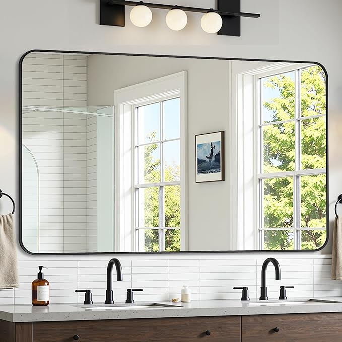 Bathroom Mirror 48" x 30", Large Rectangle Wall Mirror, Black Metal Frame Wall Mounted Mirrors for Bathroom, Vanity, Bedroom, Entryway Decor(Horizontal/Vertical)-Ruum Studio Home