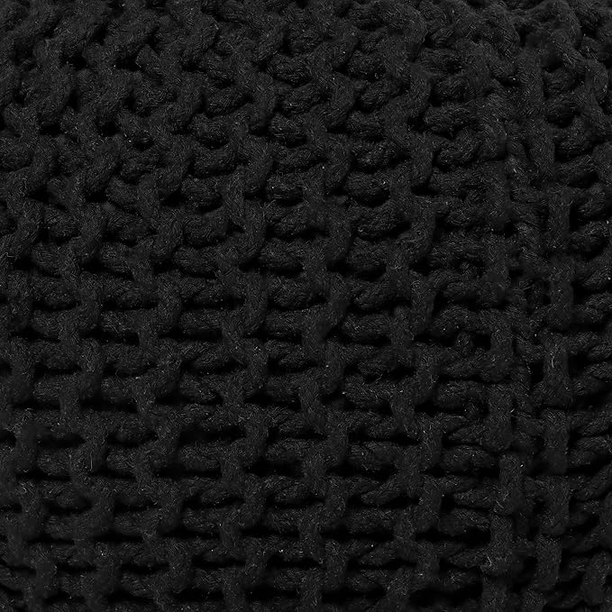 REDEARTH Round Pouf Foot Stool Ottoman - Hand Knitted Bean Bag - Cord Boho Pouffe - Cable Poof Footrest for Living Room - Nursery - Bedroom - Patio - 100% Cotton - Home Decor (19.5"x19.5"x14") - Black-Ruum Studio Home