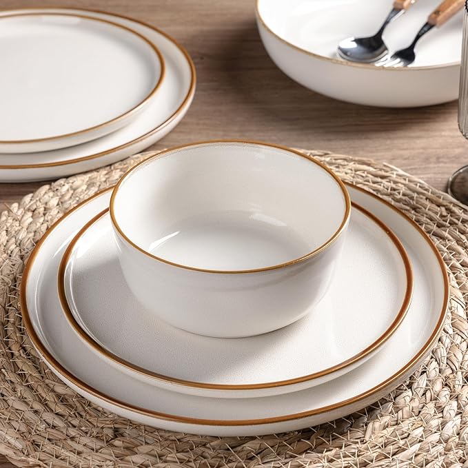 GBHOME Ceramic Dinnerware Sets for 8, 24 Pieces Stoneware Plates and Bowls Sets, Scratch Resistant Dishes, Dishwasher & Microwave Safe, Reactive Glaze-Pearl White-Ruum Studio Home