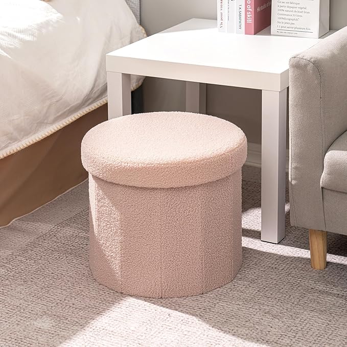B FSOBEIIALEO Storage Ottoman Cube, Round Ottomans with Storage Foot Stool Footrest for Lving Room, Boucle Ottoman Seat for Dorm Room,Faux Teddy Fur, Pink 15"x15"x15"-Ruum Studio Home