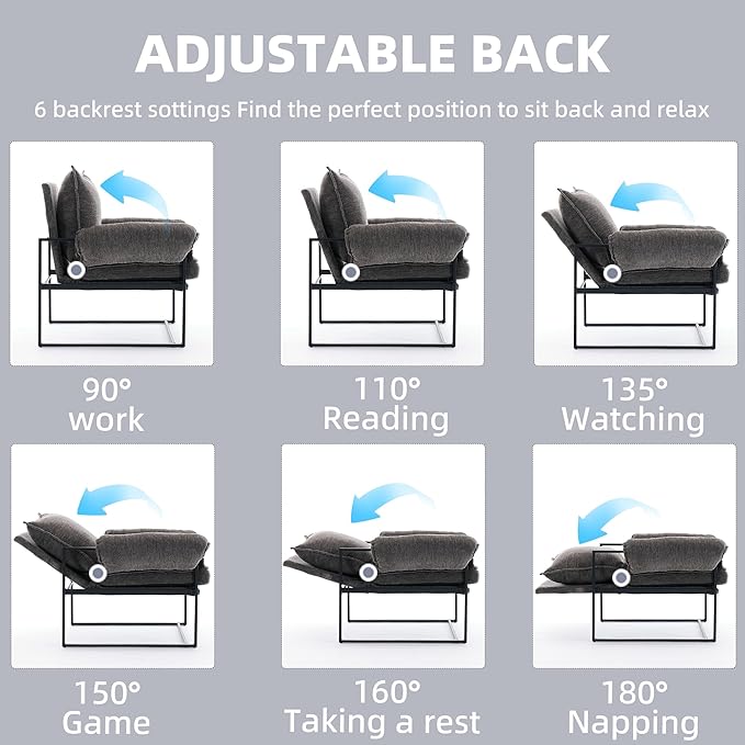 YISHENG Accent Chair with 6-Angle Adjustable Backrest, Chenille Fabric Living Room Chair Upholstered Lounge Chair, Modern Chair Cozy Reclining Chair for Reading Room, Set of 2 Gray-Ruum Studio Home