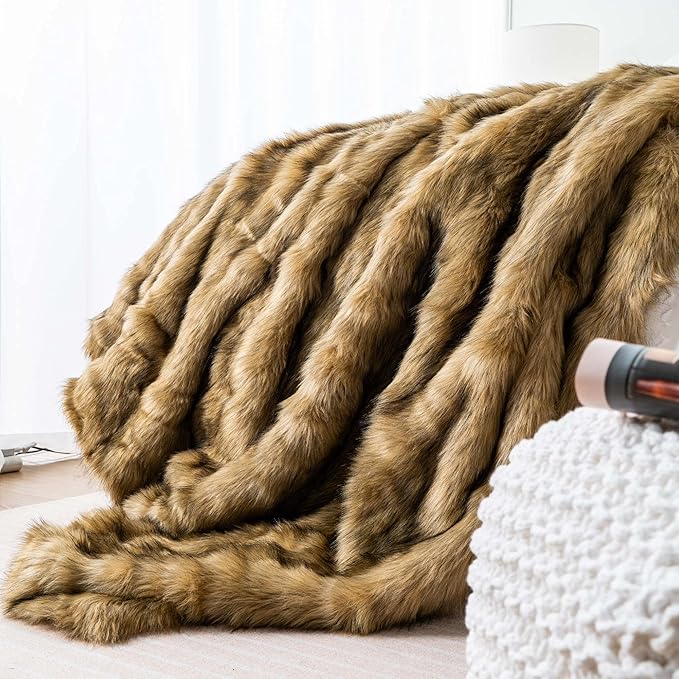 BATTILO HOME Golden Faux Fur Throw Blanket for Couch Sofa, Long Pile Fur Blankets and Throws, Elegant, Fluffy Thick Warm Heavyweight Fur Blanket Reversible to Plush Velvet, 50"x60"-Ruum Studio Home