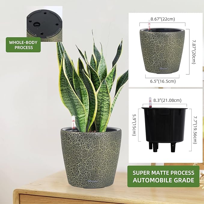 Dexceder 9x8 Inches Self Watering Planter Indoor Outdoor, Inner Pot Design, Thickened Table Flower Plant Pot with Water Level Indicator (Black Gold Crackle)-Ruum Studio Home
