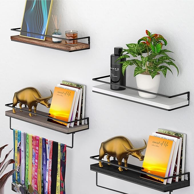 Meangood Floating Shelves Wall Mounted Set of 2, Wall Shelf with Towel Bar Rustic Wood Wall Storage Shelves for Bedroom,Living Room,Bathroom, Kitchen Black-Ruum Studio Home