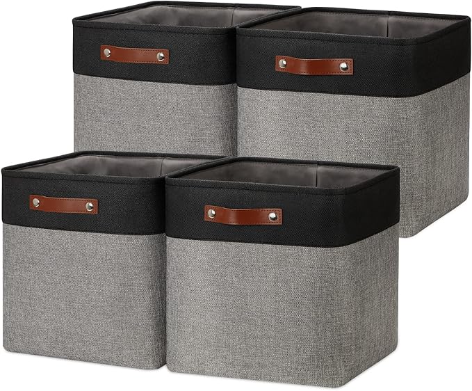 DULLEMELO Storage Bins for Organizing,Closet Storage Baskets for Gift Empty,Large Linen Canvas Storage Bins with Handles for Home Office Toys Shelves(Black&Grey, 13 inch Cube)-Ruum Studio Home