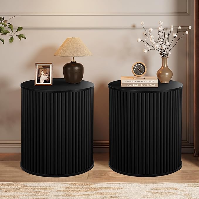 AVZEAR Small Round Side Table Fluted Night Stand Set of 2, Mid Century Modern End Table with Storage, Circle Bedside Tables Wood Nightstands for Small Spaces, Living Room, Bedroom (Black)-Ruum Studio Home