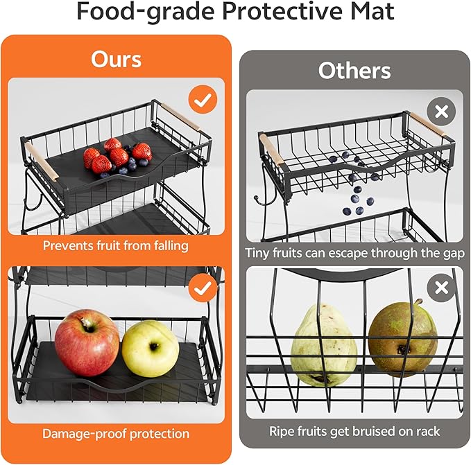 2 Tier Fruit Basket with 2 Banana Hangers, Fruit Bowl for Kitchen Countertop with 2 Wooden Handle, Detachable Metal Fruit Holder for Vegetable Bread with 2 Protective Pads, Black-Ruum Studio Home