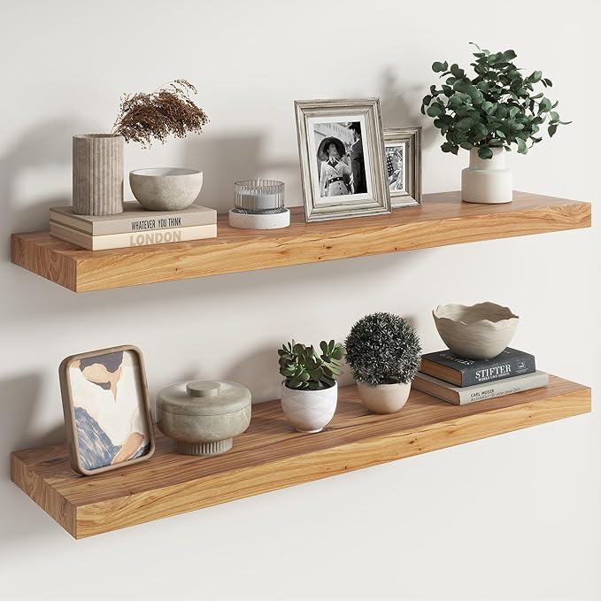 RICHFOCUS Elm Floating Shelves for Wall - 40" W x 9.3" D Rustic Solid Wood Shelves with Invisible Bracket, Wall-Mounted for Living Room, Bedroom, Kitchen Storage & Display, Set of 2, Natural-Ruum Studio Home