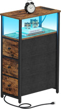 TUTOTAK Narrow LED Night Stand with Charging Station, Slim End Table with Plugins, Tall Side Table with 3 Fabric Drawer, Small Bedside Table with Storage, for Living Room, Brown TB01BB086L-Ruum Studio Home