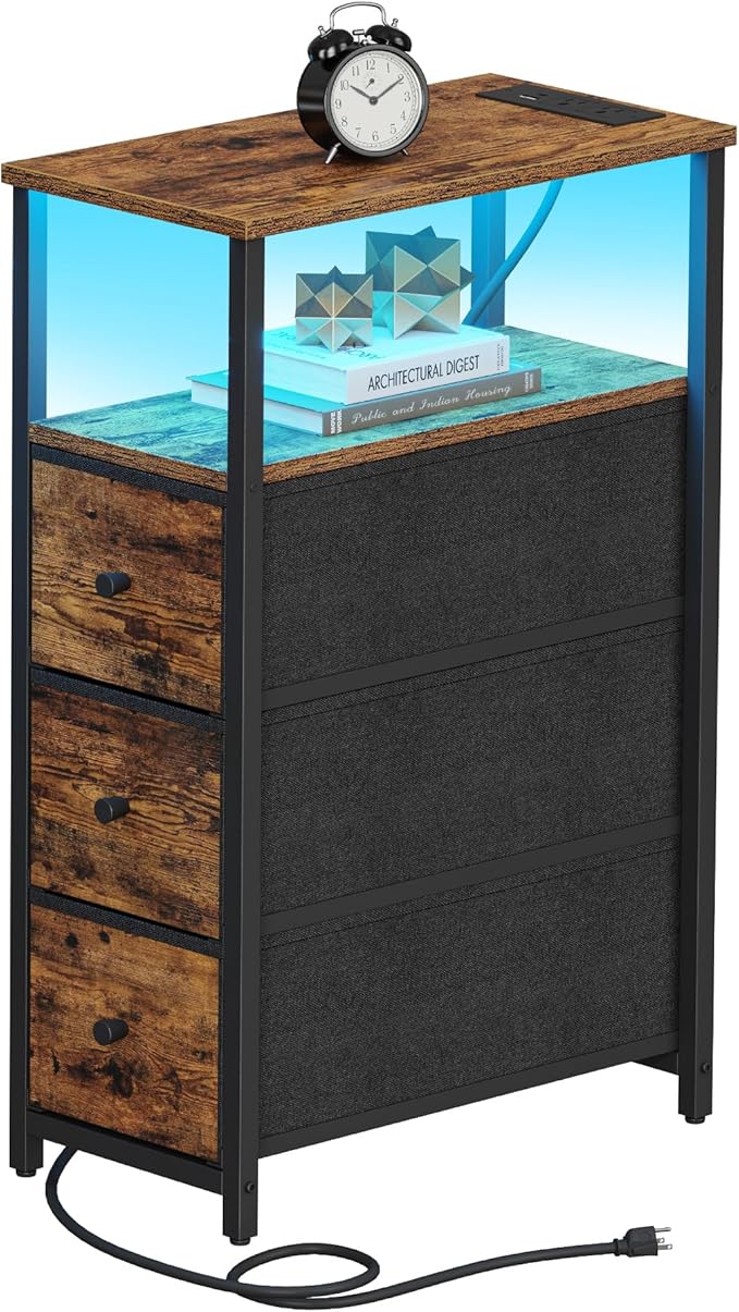 TUTOTAK Narrow LED Night Stand with Charging Station, Slim End Table with Plugins, Tall Side Table with 3 Fabric Drawer, Small Bedside Table with Storage, for Living Room, Brown TB01BB086L-Ruum Studio Home