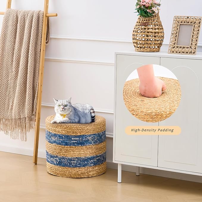 Handwoven Ottoman Pouf, Natural Water Hyacinth Footstool, Round Braided Outdoor Seat with Sturdy Frame, Boho Accent Stool for Patio, Balcony, or Garden (Blue)-Ruum Studio Home
