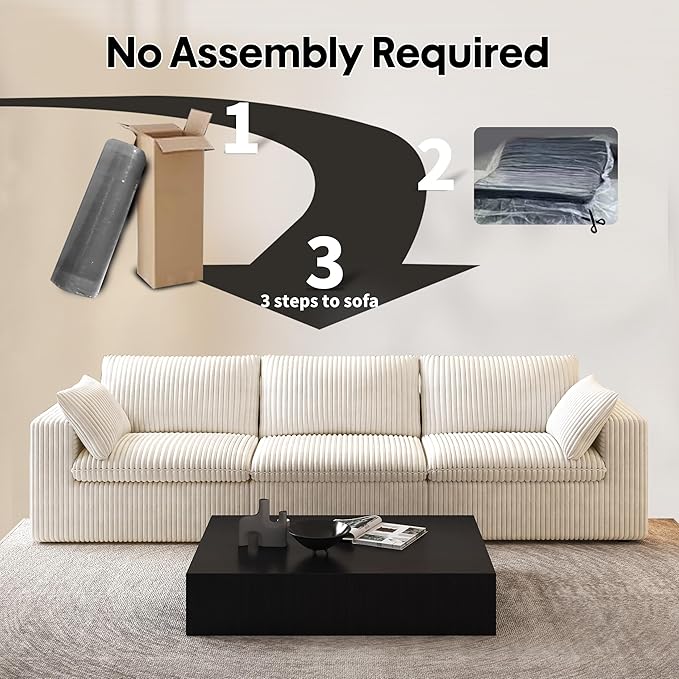 118" 3-Seater Cloud Sofa,Modular Sectional Couch,Modern Deep Seat Upholstered Couches with Plush Corduroy Fabric for Living Room Furniture,Bedroom and Apartment,No Assembly Required,White-Ruum Studio Home