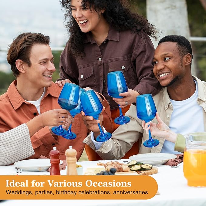Blue Wine Glasses Set of 6-12oz Blue Long Stem Wine Glass Cups, Pretty Crystal Glassware, Hand Blown Goblets Drinkware, Unique Drinking Stemware Holiday Gift Set-Ruum Studio Home