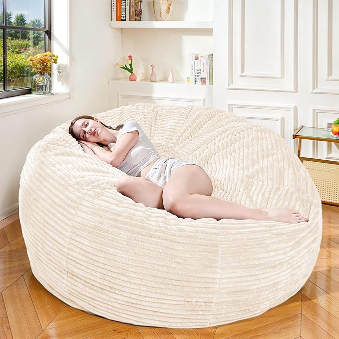 Large Bean Bag Chair, 6FT Giant Beanbag Chairs with Memory Foam Filled, Bean Bag Chairs for Adults, Ultra Soft Lazy Sofa for Living Room Bedroom (White)-Ruum Studio Home