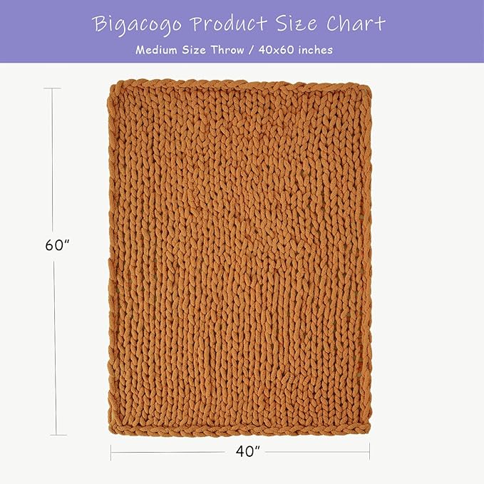 Bigacogo Chunky Knit Throw Blanket for Couch, 40x60 inches, 100% Hand Knitted with Thick Jumbo Chenille Yarn, Cozy Soft Large Rope Knot Cable Crochet Blankets for Sofa Bed Living Room, Burnt Orange-Ruum Studio Home