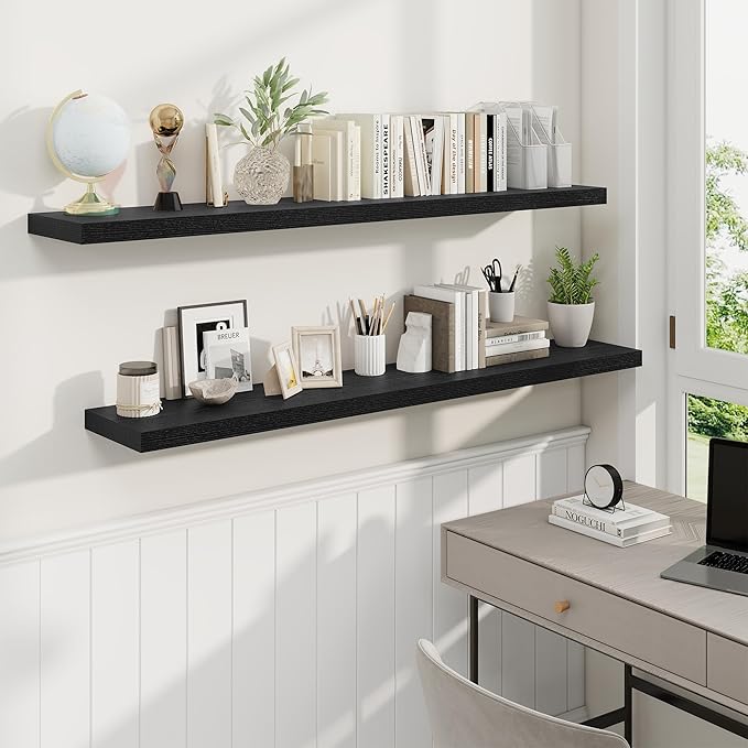 Fun Memories 55 Inch Fireplace Mantel Shelf -Long Floating Shelves, Deep Wall Mounted Farmhouse Display Shelves with Invisible Heavy Duty Metal Bracket, Black, 2 Pack-Ruum Studio Home