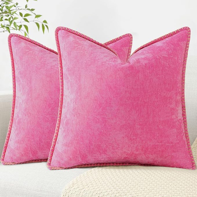 decorUhome Chenille Soft Throw Pillow Covers 20x20 Set of 2, Farmhouse Velvet Neutral Decorative Euro Pillow Covers with Stitched Edge for Couch Sofa Bed Home Decor, Hot Pink-Ruum Studio Home