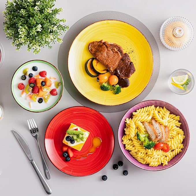 vancasso Bonita Dinnerware Sets, 24 Pieces Multicolor Stoneware Dinner Set for 6, Handpainted Spirals Pattern Ceramic Plates and Bowls Sets Kitchen Plate Set-Ruum Studio Home