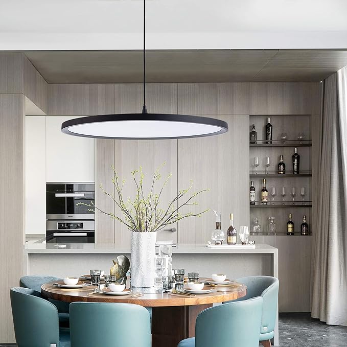 MADEM Modern LED Pendant Light 23.6'' Disc Chandelier Hanging Lighting Fixture with Acrylic Shape Dimmable Office Chandelier 6000K for Office Room Football Bedroom Decor Kitchen Island, Black-Ruum Studio Home