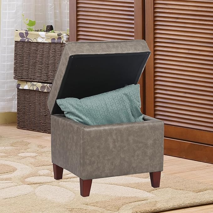 Adeco 17.5" Square Faux Leather Ottoman with Storage - Upholstered PU Foot Rest - Flip Top Footstool with Sturdy Wood Legs, Small Cube Coffee Table Extra Seat for Living Room, Bedroom, Coffee Brown-Ruum Studio Home