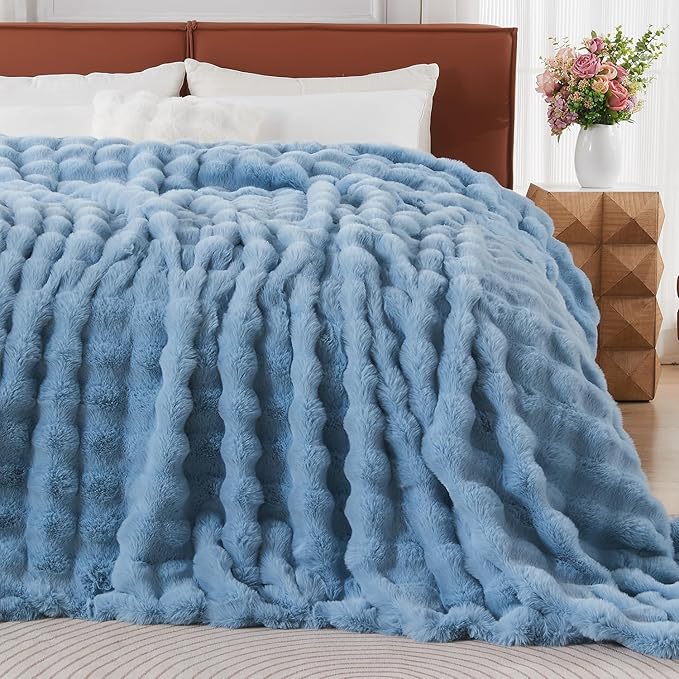 Lotus Karen Faux Fur Throw Blanket Sky Blue - Big Bubble Rabbit Fluff Blanket for Couch Bed Sofa,Softest Fluffy Fuzzy Cozy Blanket,Thick Furry Plush Shaggy Warm Blankets for Women,90x90 Inches-Ruum Studio Home
