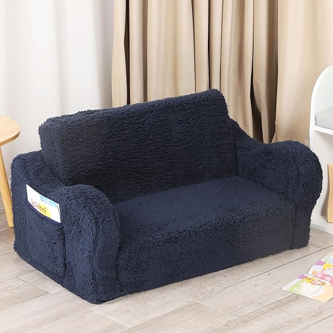 Kids Extra Wide Chairs for Toddler, 2-in-1 Toddler Soft Sherpa Couch Fold Out, Convertible Sofa to Lounger for Girls and Boys, Dark Blue-Ruum Studio Home