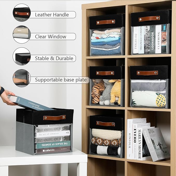 HNZIGE Cube Storage Bins 11 x 11, Fabric Cubes Storage Bins 11x11 Clear Storage Organizer,Canvas Storage Bin for Cube Storage, Cubby Collapsible Organizer Bin for Organizing Home(Gray Black 6PCS)-Ruum Studio Home