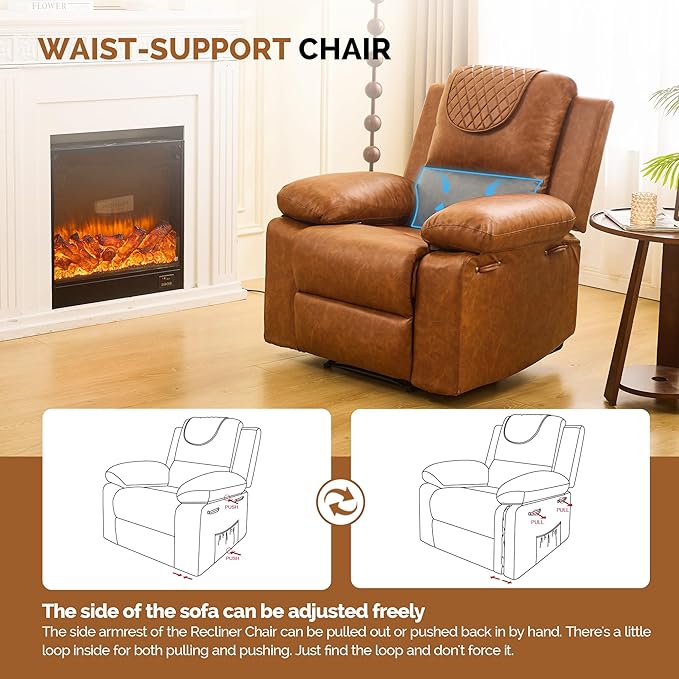 Recliner Chair with Electric Massage Adjustable Footrest & Heat, Manual Leather Recline for Adults Living Room Remote Control (Chestnut Brown)-Ruum Studio Home