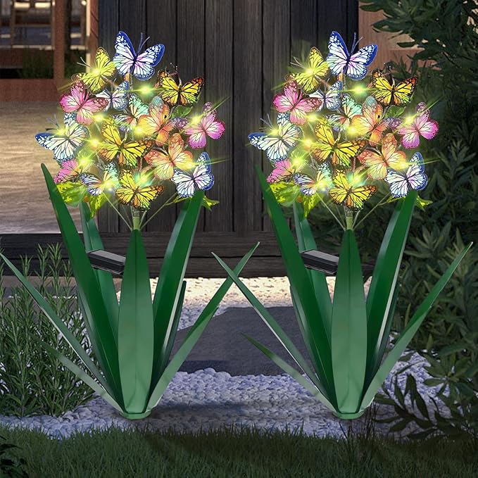 Homight Solar Metal Agave Butterfly Flower Stick Garden Sculpture - Outdoor Gift, Christmas Lights, Swaying Butterfly Sunflower Lights - Solar Outdoor (2 pcs Green)-Ruum Studio Home