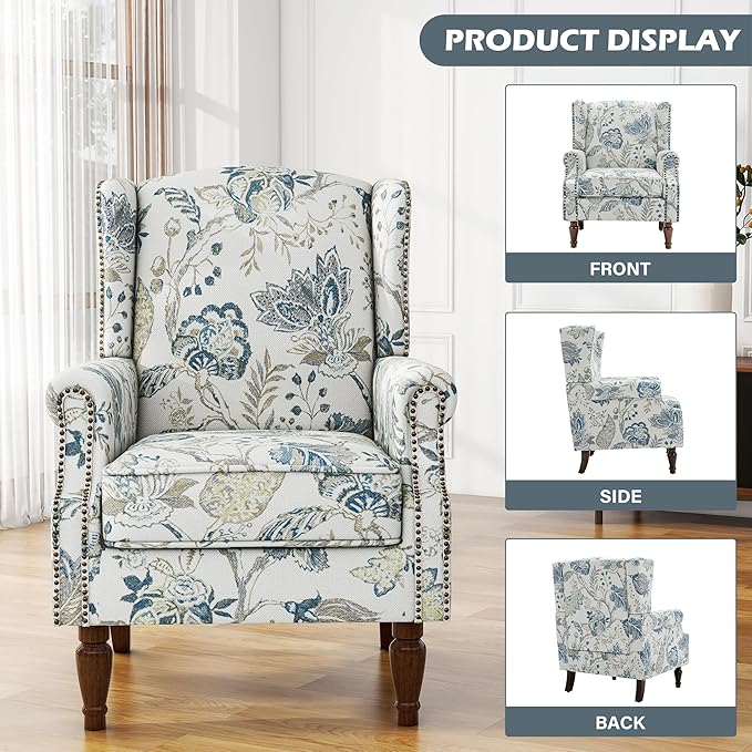 UIXE High Back Floral Accent Chairs Set of 2, Upholstered Armchair in Fabric, Retro Printed Wingback Arm Chair for Living Room, Nailhead Trim Single Sofa Bedroom Reading Seat - Plants Blue-Ruum Studio Home