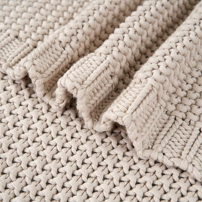 Longhui bedding Chunky Cable Knit Throw Blanket Lightweight Beige 100% Organic Cotton Blanket for Sofa Couch Bed Baby Nursery, Rustic Shabby Chic Modern Farmhouse, 60” x 80”-Ruum Studio Home