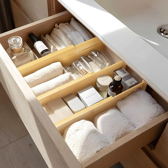 VaeFae 3 Pack Bamboo Drawer Dividers, 4" High Adjustable 11.9-17.1" Clothes Drawer Organizers, Expandable Separators for Bedroom/Bathroom/Kitchen/Office Storage-Ruum Studio Home
