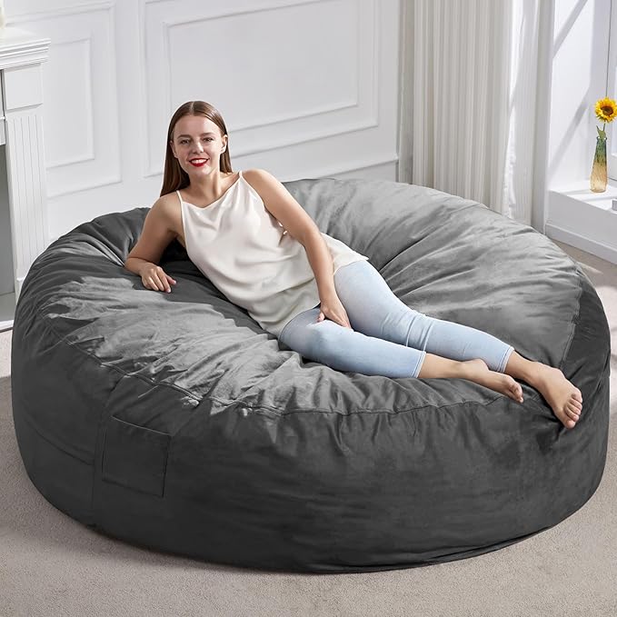 Hobestluk 6FT Bean Bag Chair Bean Bag Chairs for Adults Giant Bean Chairs with Velvet Cover, Memory Foam BeanBag Chair Fluffy BeanBag Chairs for Living Room, Bedroom- Grey (70" x 70" x 15")-Ruum Studio Home