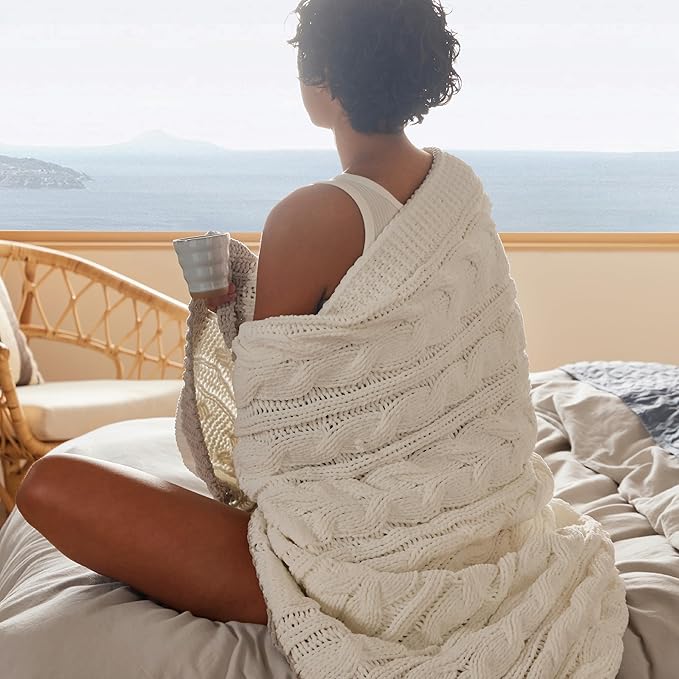 Bedsure Cable Knit Twin Blanket for Couch Bed - Breathable Chenille Chunky Knit Twin Blanket for Decorative Gift, GentleSoft Cozy and Warm for Winter and All Seasons, Cream, 60x80 Inches-Ruum Studio Home