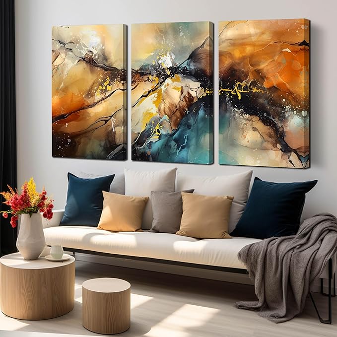 Abstract Living Room Pictures Wall Decor - Modern Bedroom Wall Decor Above Bed - Large 3 Piece Canvas Wall Art for Office Size 24" x 36"-Ruum Studio Home