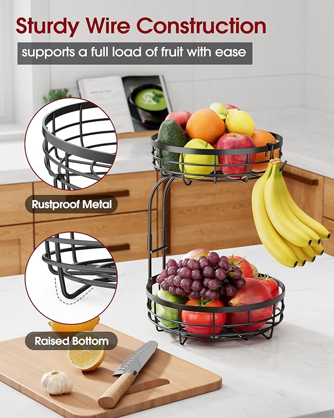 Fruit Basket for Kitchen Counter - 2-Tier Large Capacity Fruit Bowl with Detachable Banana Hanger, Rust-Proof Metal Fruit Holder for Vegetables, Bread, Toiletry,10" D x 10" W x 14" H, Black-Ruum Studio Home