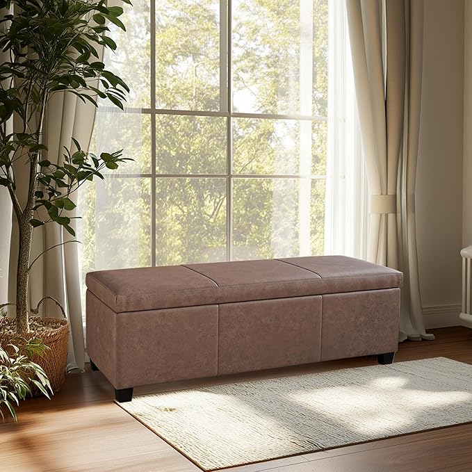 BELLEZE 47 Inch Storage Ottoman, Faux Leather Storage Bench Bedroom Bench with Safety Close Hinge, Ottoman with Storage for Living Room, Entryway, Hallway, Foot Rest, Support 300lbs - Rustic Brown-Ruum Studio Home