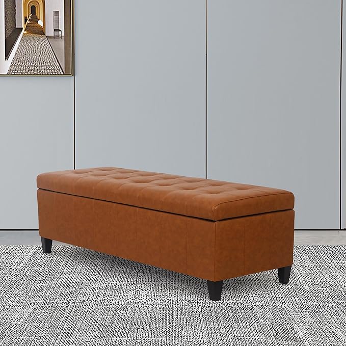 Joveco 51 Inch Storage Ottoman Bench,Tufted Leather Storage Bench for Bedroom (51”,Dark Orange)-Ruum Studio Home