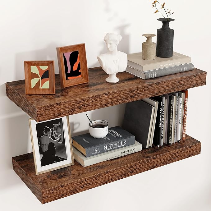 Floating Shelves - 2 Large Wall Mounted Shelves with Invisible Brackets, Long Wood Floating Wall Shelf for Living Room, Bedroom, Kitchen, (Brown, 24" W x 9" D x 1.5" H)-Ruum Studio Home