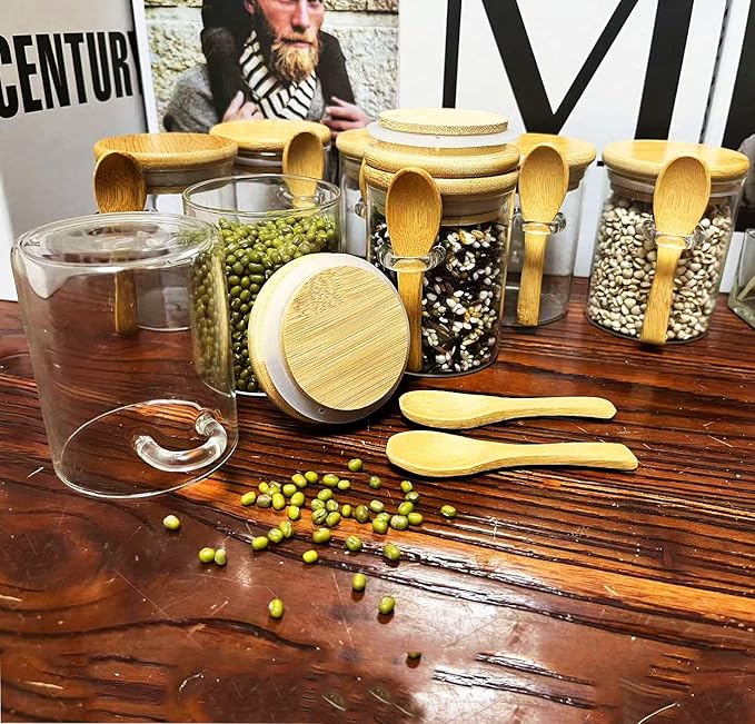 7.6 oz Airtight Mini Glass Jars with Bamboo Lids and Bamboo Spoons, Spice Jars Small Food Storage Containers for Kitchen, Bathroom, Home Decor Set of 8-Ruum Studio Home