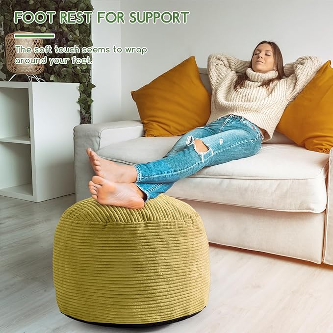 HIGOGOGO Round Stuffed Pouf Ottoman, Corduroy Poufs with Foam Chunk Filling, Furry and Fluffy Pouf Foot Stool Storage Ottoman, 26 X 18 Floor Poufs Foot Rest for Living Room, Green-Ruum Studio Home
